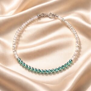 Natural Labradorite, Teal Moissanite Bracelet Solid 14k White Gold 6.9" - 7.5"